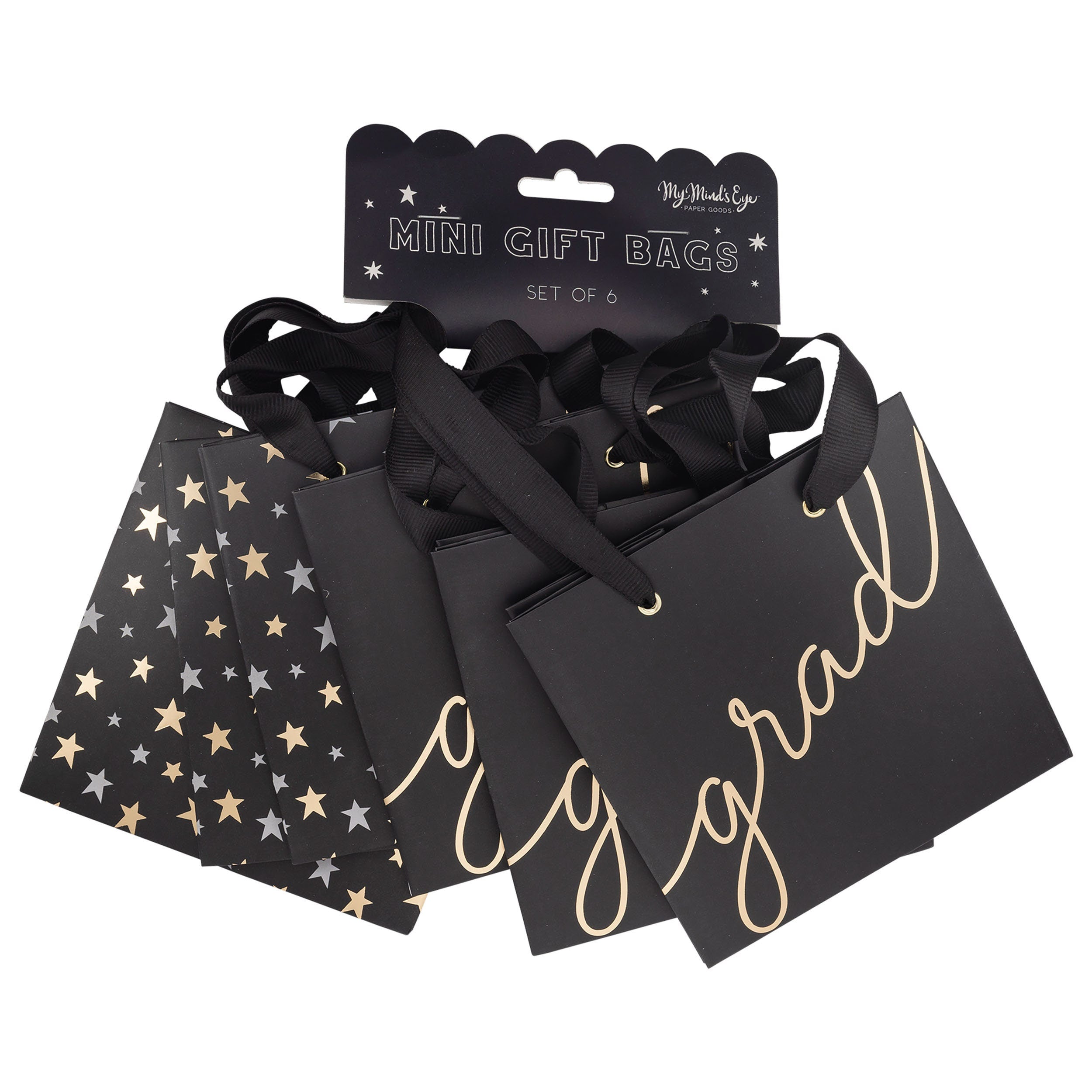 Set of 6 Mini Graduation Gift Bags in Black, Two Designs, One says grad in gold foil script and the other are tiny stars.