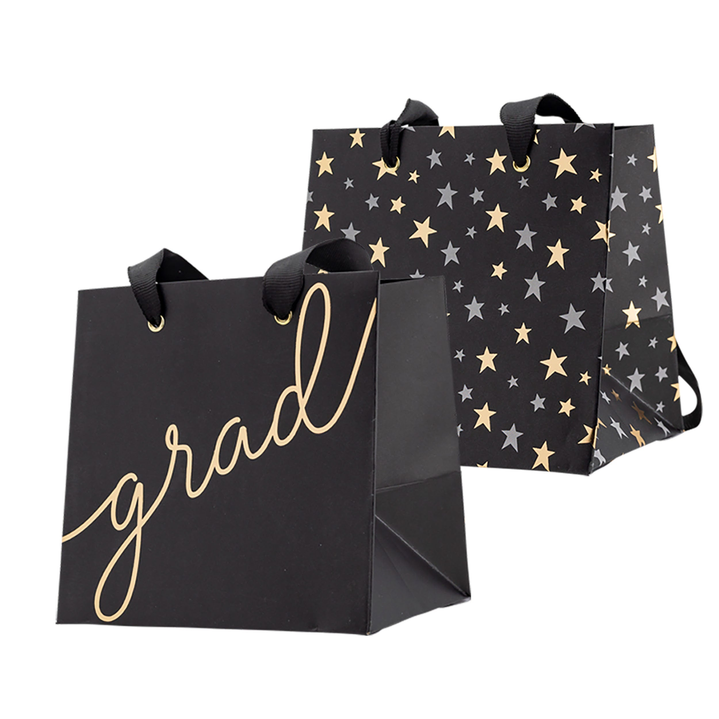 Graduation Gift Bags in Black, Two Designs, One says grad in gold foil script and the other are tiny stars.