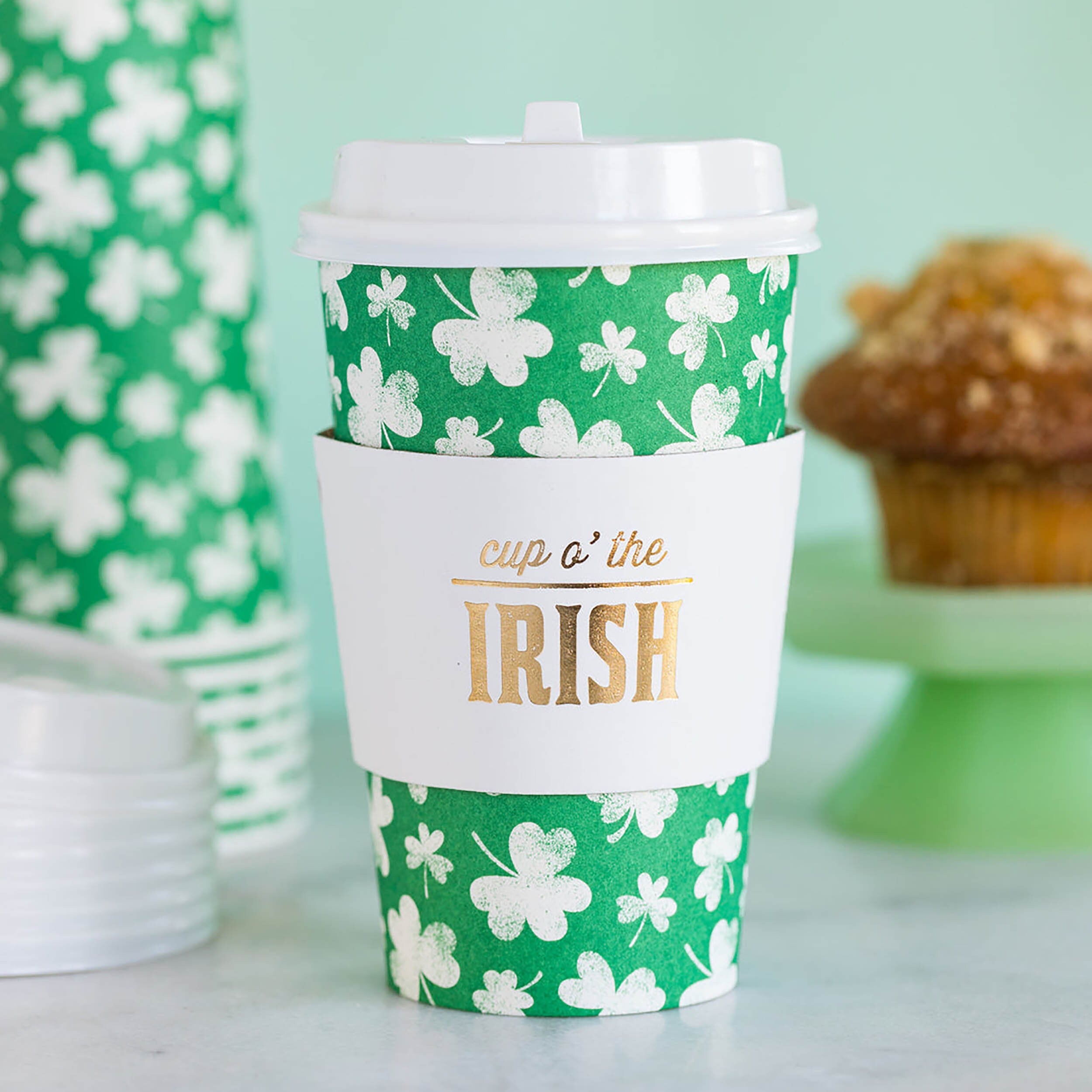 Irish Coffee Cups | Paper Coffee Cups - St Patrick's Day Party - Paper Coffee Cup with Lid - Disposable Coffee Cup with Lids - Shamrock Cups