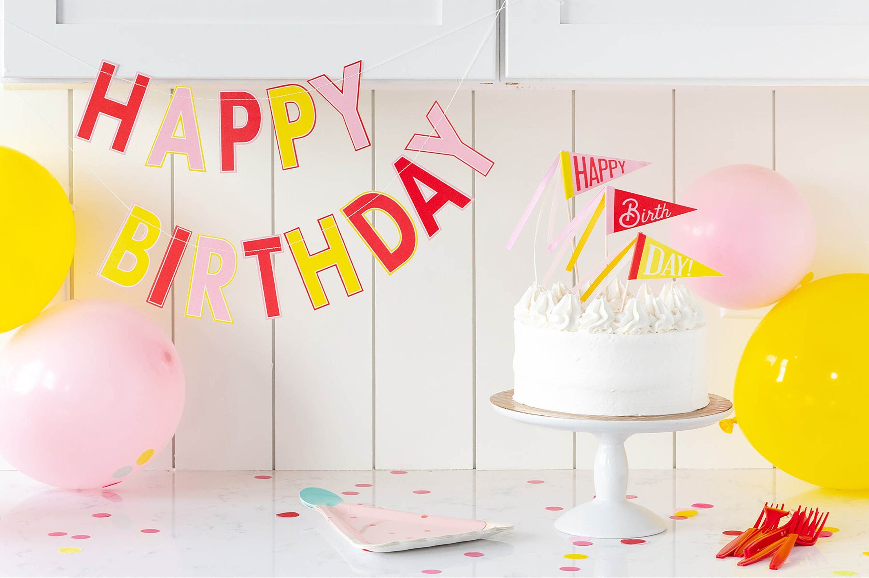 Birthday Party Banner | Pink Birthday Decorations - Hanging Happy Birthday Banner - Pink Happy Birthday Banner - Pink Birthday Party