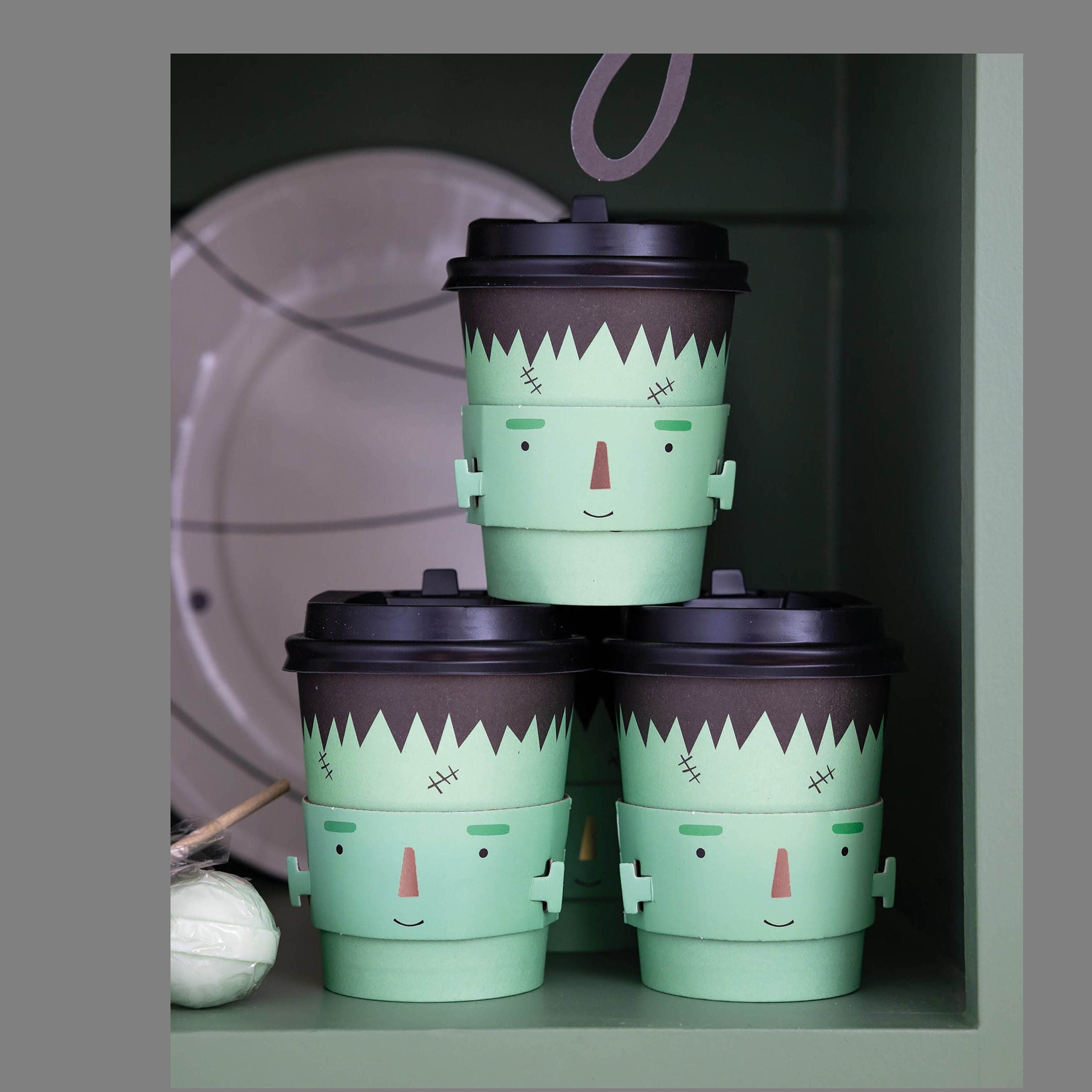 Halloween Cups | Frankenstein Halloween - Disposable Coffee Cups with Lids, Halloween Party Supplies - Kids Halloween Party - To Go Cups