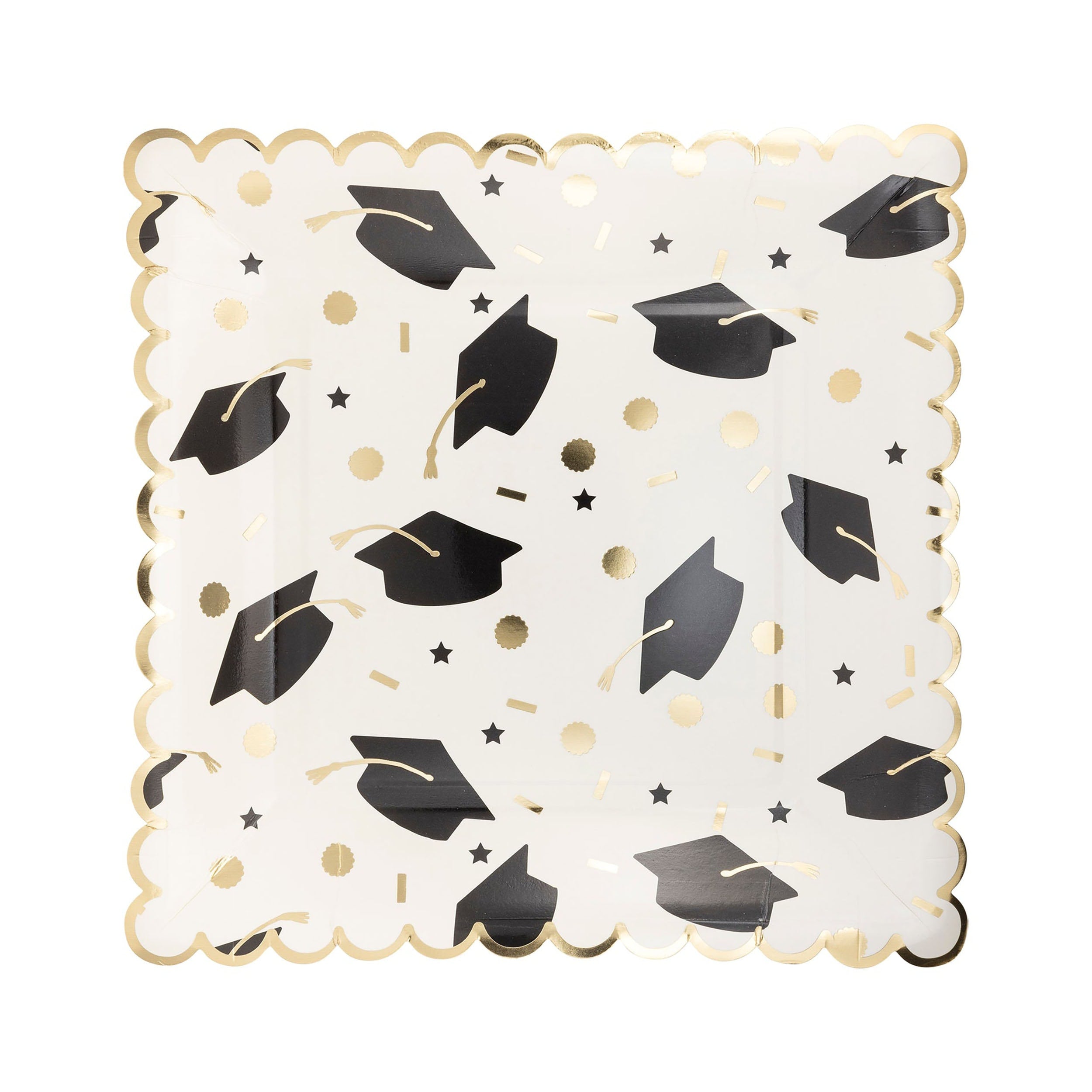 Graduation Party Paper Plates, Square with Gold Scallop Edging. Design depicts Grad Cap Toss, with diploma seals, confetti & stars