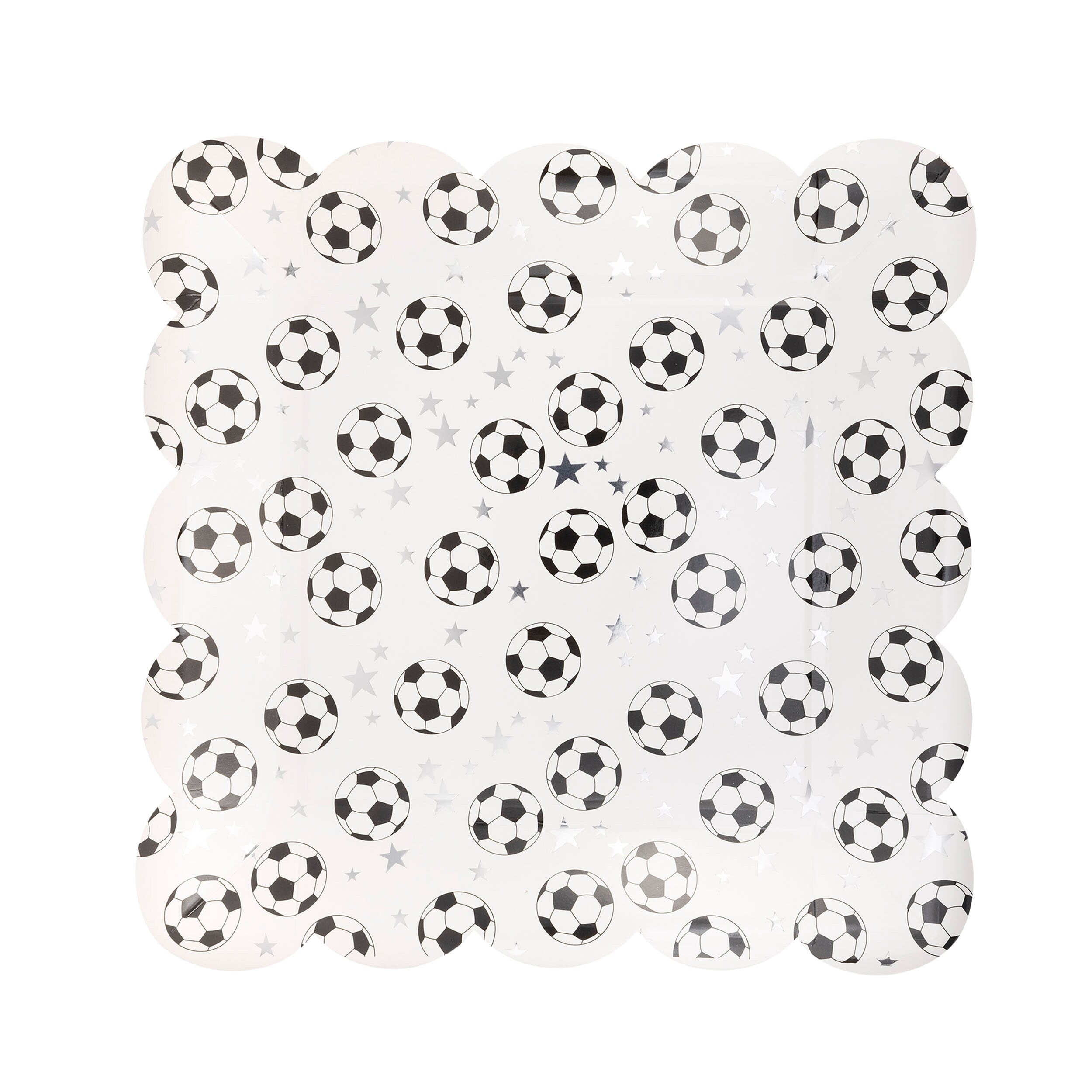 Soccer Party Plates - Scattered Soccer Balls with tiny silver stars, large square paper party plate with scalloped edges and white background