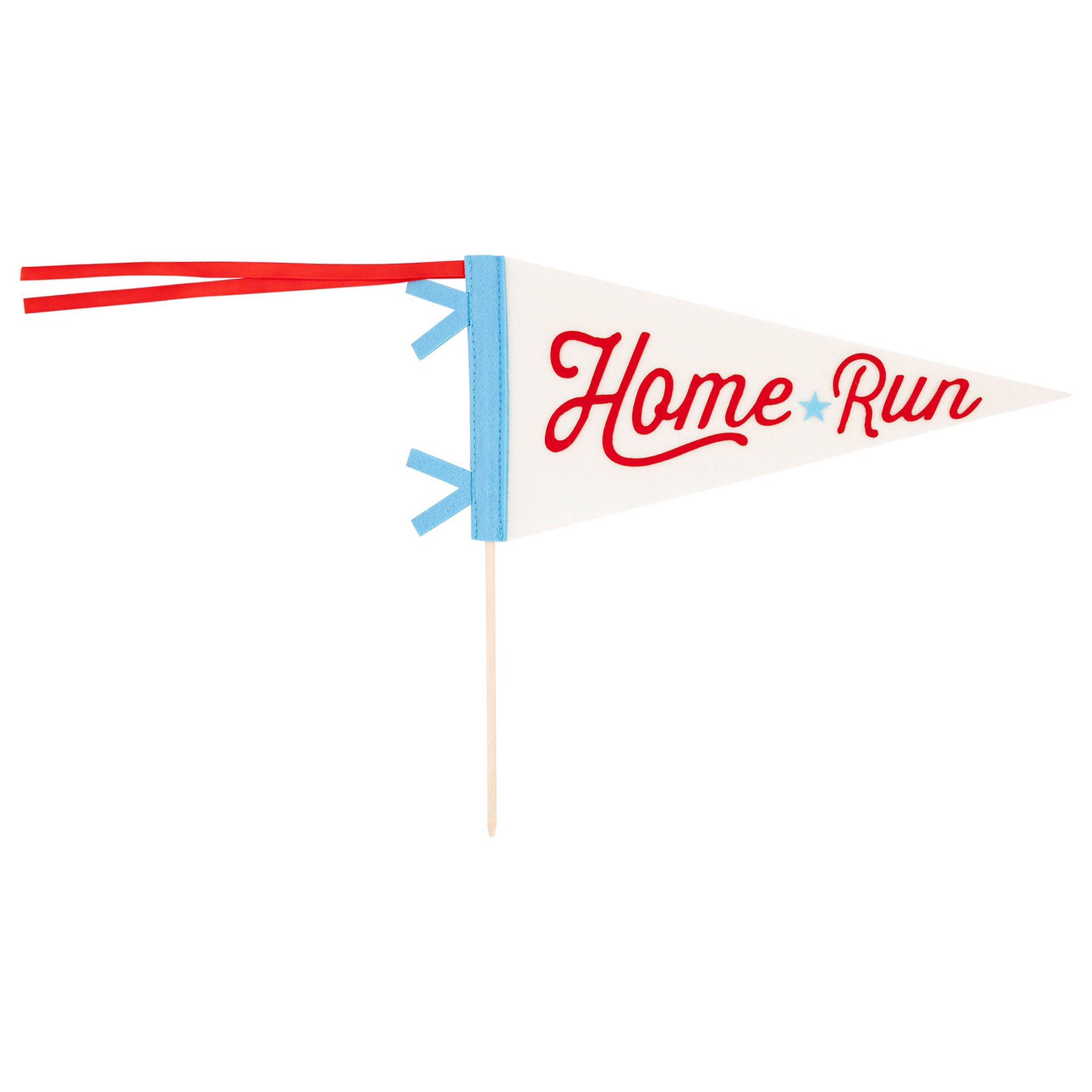 Baseball Pennant Banner - Says Home Run in Red Script with light blue & red ribbons - Made of Felt with Wooden Dowel