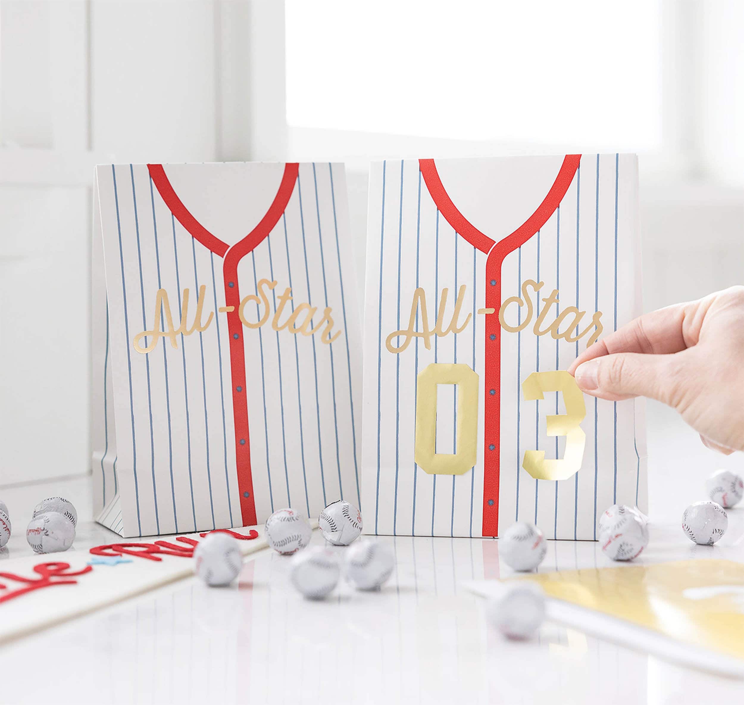 Baseball Jersey Party Favor Bags - Customize with Gold Numbered Sticker Sheets - Striped Jersey that reads &quot;All Stars&quot;