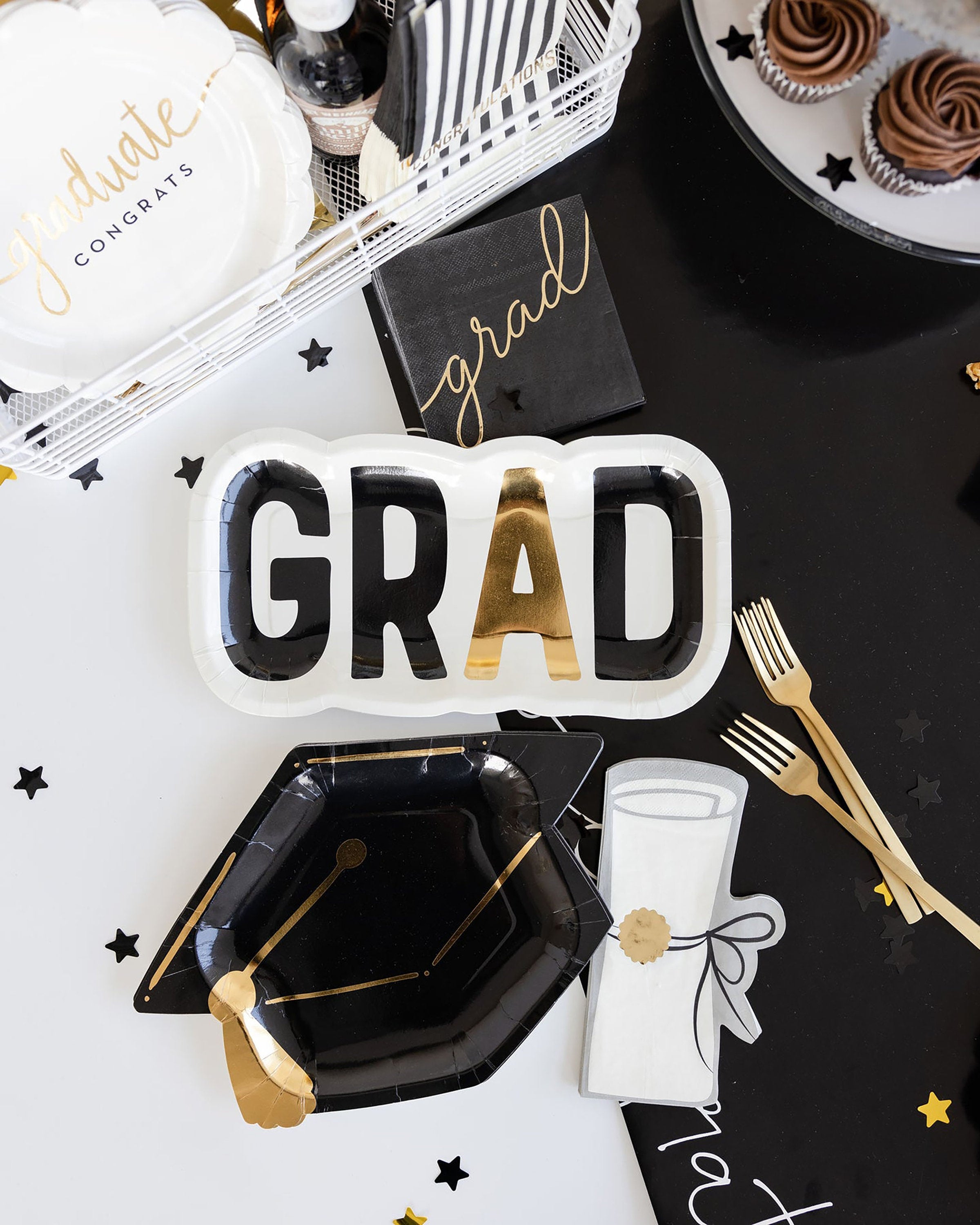 Grad Party Plates and Napkins, Designs include a Diploma Napkin & Grad Cap Paper Plate